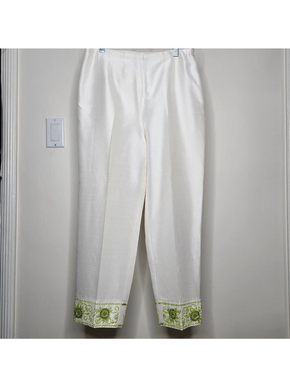 DAVID MEISTER 100% Silk Lined White Capris Pants w/ Green Beaded Cuffs Size 6